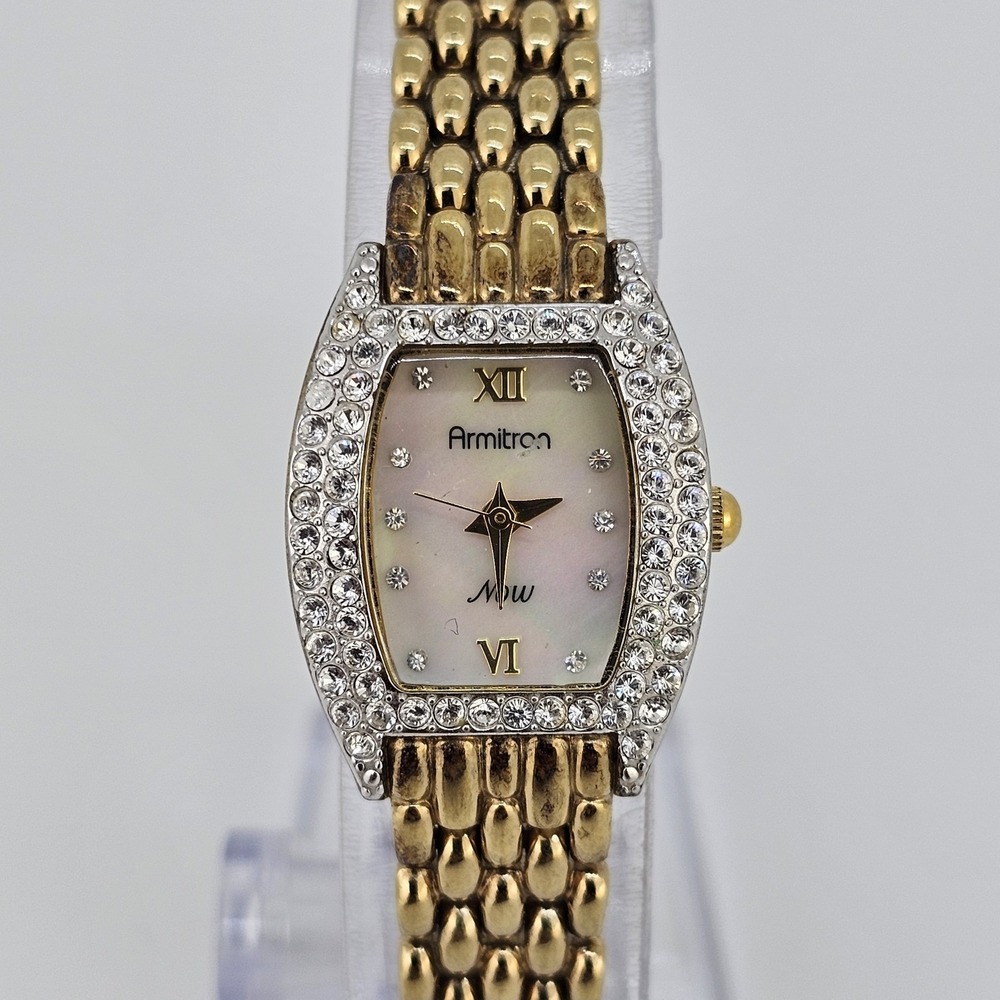 Armitron Women's Watch 19MM MOP Dial Crystal Bezel‎ Gold Bracelet 6" New Battery